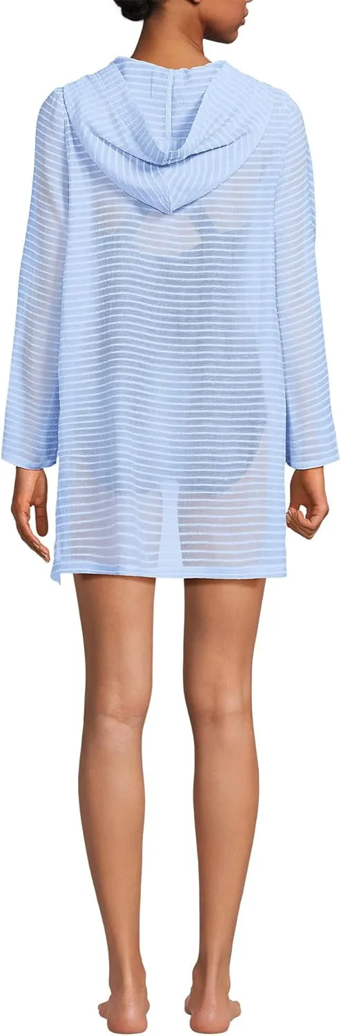 Lands' End Women's Cotton Jersey Long Sleeve Hooded Swim Cover-up Dress