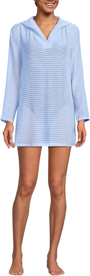Lands' End Women's Cotton Jersey Long Sleeve Hooded Swim Cover-up Dress