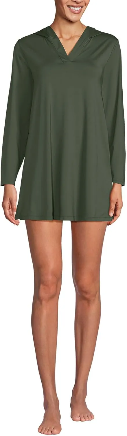 Lands' End Women's Cotton Jersey Long Sleeve Hooded Swim Cover-up Dress
