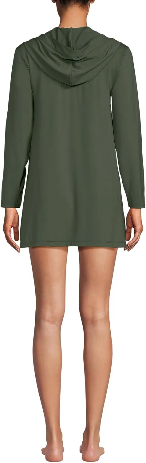 Lands' End Women's Cotton Jersey Long Sleeve Hooded Swim Cover-up Dress