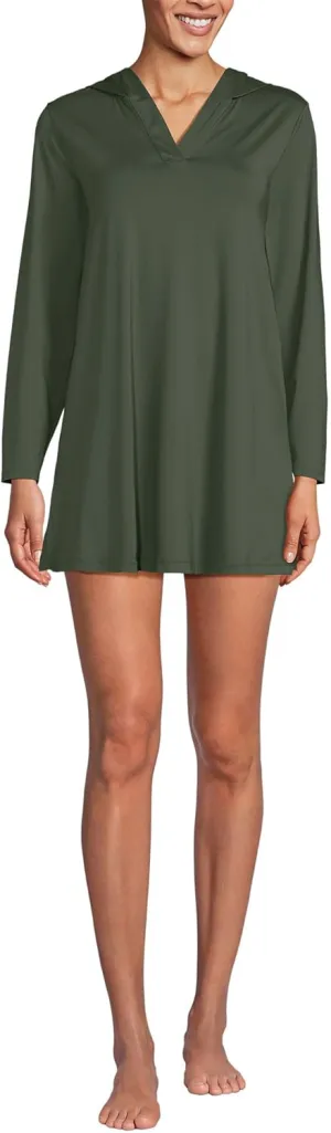 Lands' End Women's Cotton Jersey Long Sleeve Hooded Swim Cover-up Dress