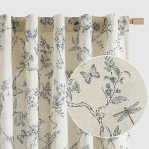 Lazzzy Linen Farmhouse Curtains Blue Floral Curtains 63 Inch Length Back Tab Drapes for Living Room Bedroom Light Filtering Country Vintage Rod Pocket Curtain, 2 Panels, Blue on Beige