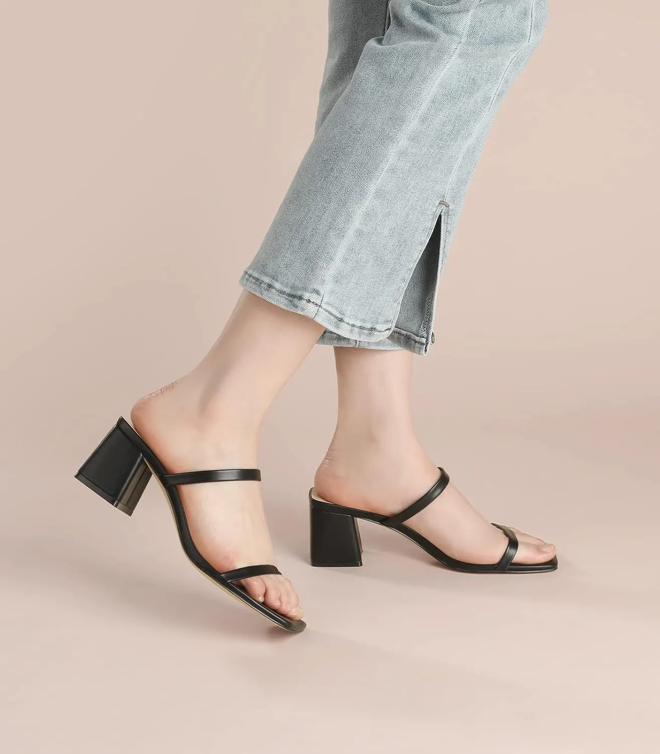 Leevar Square Toe Heeled Sandals for Women - Women's Low Block Heels Sandals - 2.25IN Open Toe Ankle Strap Chunky Heels - Slip on Heeled Sandal Mule- Nude Black Strappy Heels for Party Wedding Dress Shoes