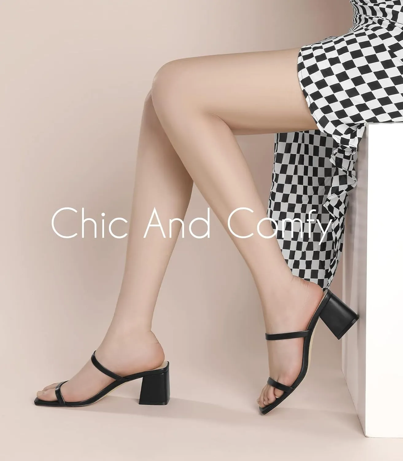 Leevar Square Toe Heeled Sandals for Women - Women's Low Block Heels Sandals - 2.25IN Open Toe Ankle Strap Chunky Heels - Slip on Heeled Sandal Mule- Nude Black Strappy Heels for Party Wedding Dress Shoes