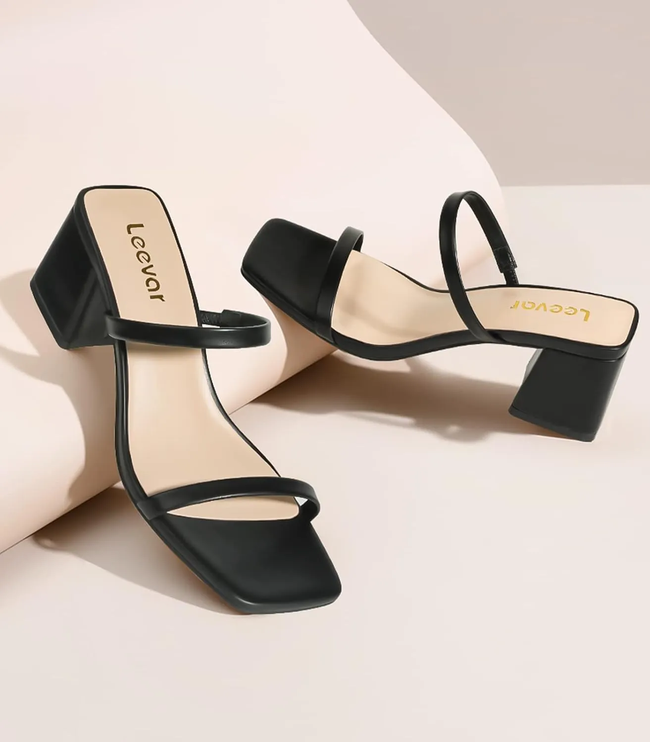 Leevar Square Toe Heeled Sandals for Women - Women's Low Block Heels Sandals - 2.25IN Open Toe Ankle Strap Chunky Heels - Slip on Heeled Sandal Mule- Nude Black Strappy Heels for Party Wedding Dress Shoes