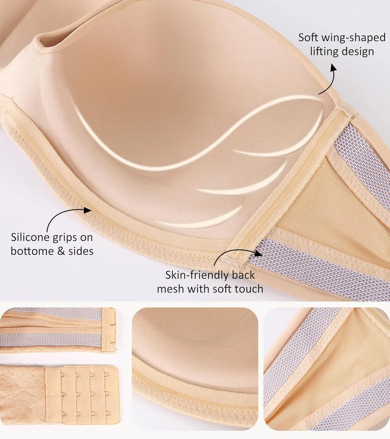 Lemorosy Women's Wireless Push Up Plunge Padded Non-Slip Invisible Strapless Bra
