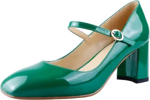 LEMUTISME Women's Elegant Buckle Ankle Strap Leather Square Toe Chunky Comfortable Slip On Middle Block Heel Dress Pumps for Wedding Prom