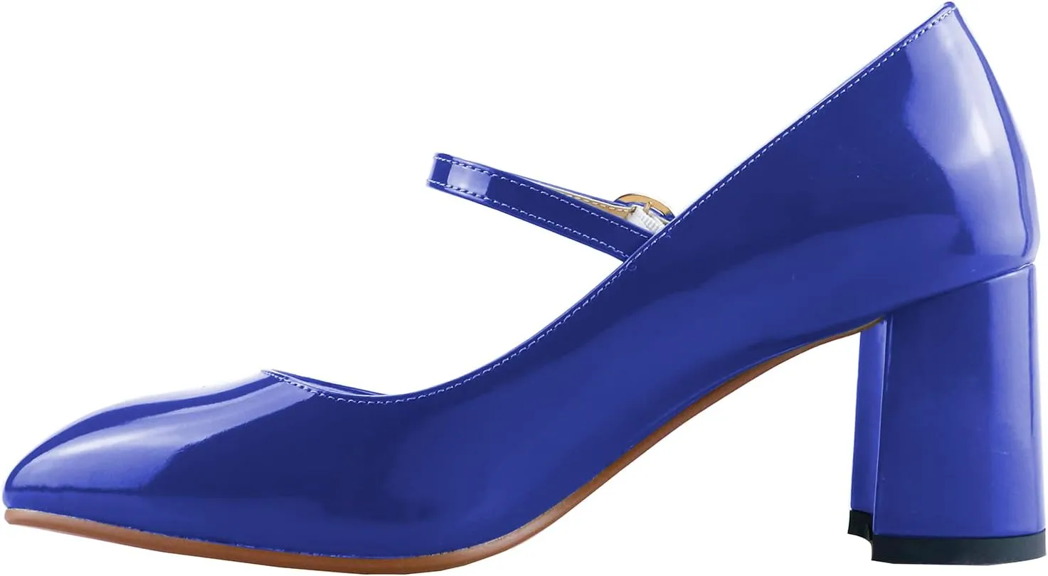LEMUTISME Women's Elegant Buckle Ankle Strap Leather Square Toe Chunky Comfortable Slip On Middle Block Heel Dress Pumps for Wedding Prom