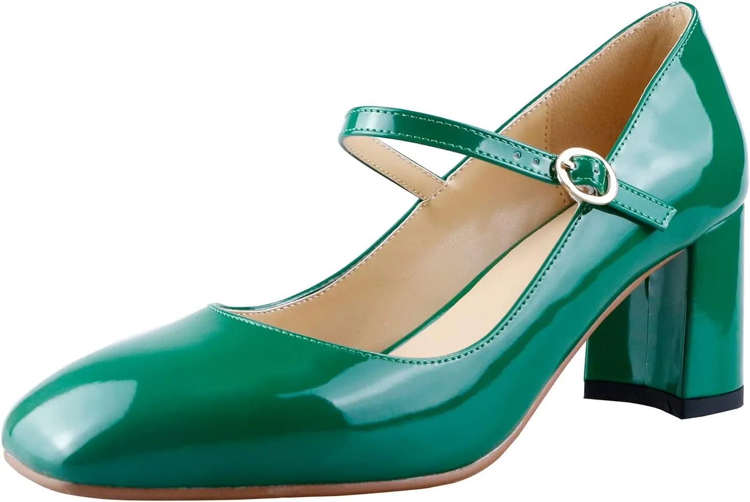 LEMUTISME Women's Elegant Buckle Ankle Strap Leather Square Toe Chunky Comfortable Slip On Middle Block Heel Dress Pumps for Wedding Prom