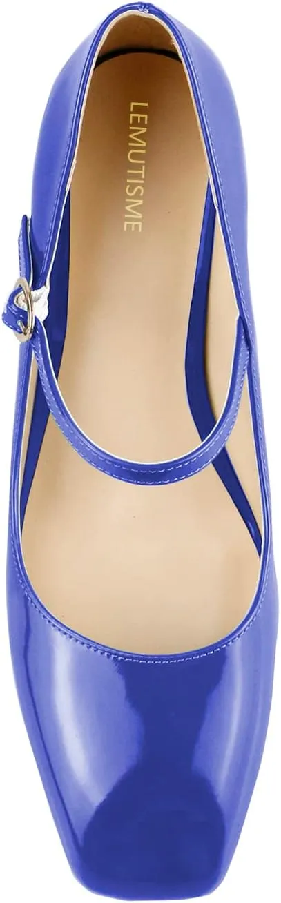 LEMUTISME Women's Elegant Buckle Ankle Strap Leather Square Toe Chunky Comfortable Slip On Middle Block Heel Dress Pumps for Wedding Prom