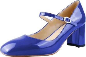 LEMUTISME Women's Elegant Buckle Ankle Strap Leather Square Toe Chunky Comfortable Slip On Middle Block Heel Dress Pumps for Wedding Prom