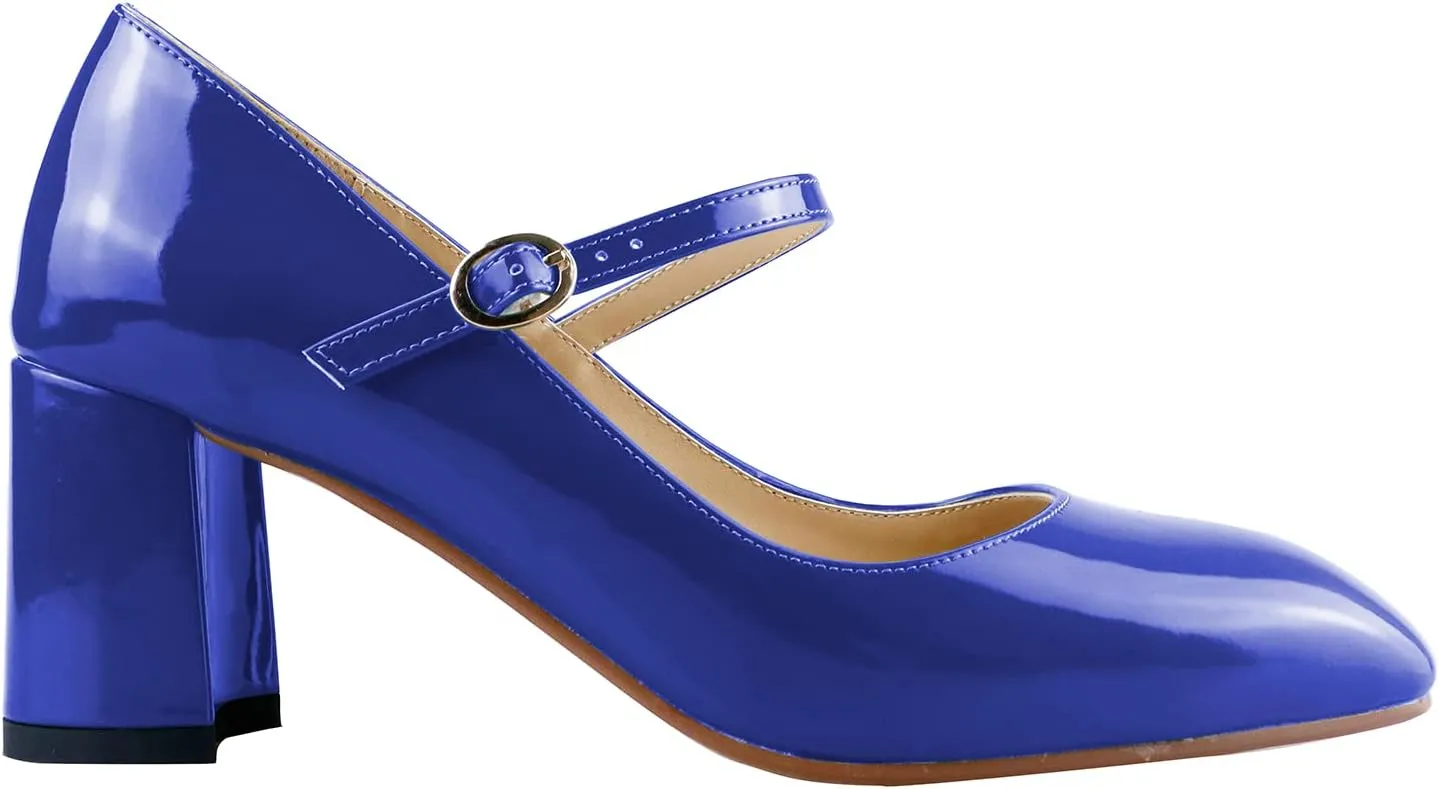 LEMUTISME Women's Elegant Buckle Ankle Strap Leather Square Toe Chunky Comfortable Slip On Middle Block Heel Dress Pumps for Wedding Prom
