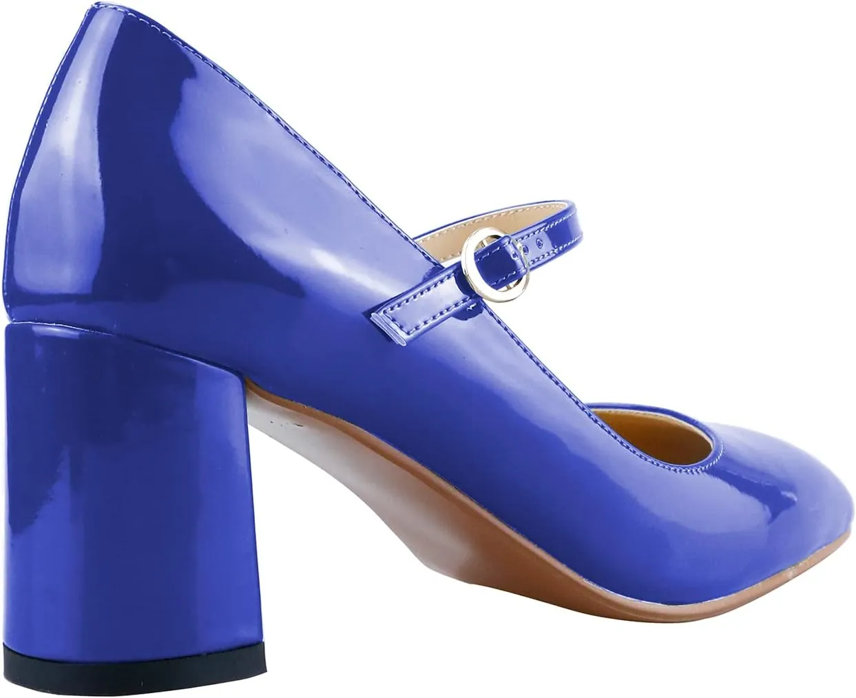 LEMUTISME Women's Elegant Buckle Ankle Strap Leather Square Toe Chunky Comfortable Slip On Middle Block Heel Dress Pumps for Wedding Prom