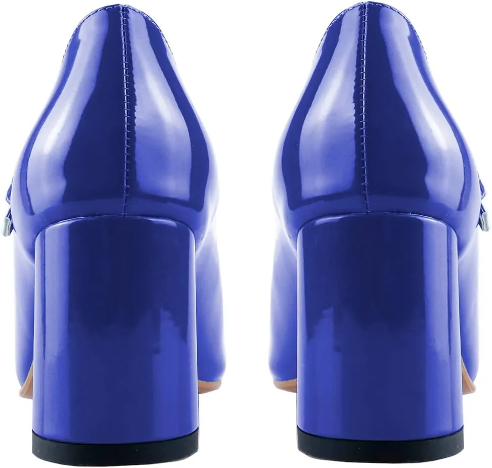 LEMUTISME Women's Elegant Buckle Ankle Strap Leather Square Toe Chunky Comfortable Slip On Middle Block Heel Dress Pumps for Wedding Prom