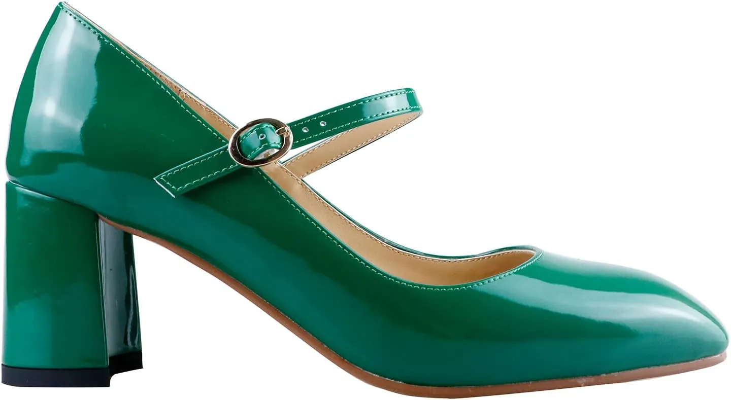 LEMUTISME Women's Elegant Buckle Ankle Strap Leather Square Toe Chunky Comfortable Slip On Middle Block Heel Dress Pumps for Wedding Prom