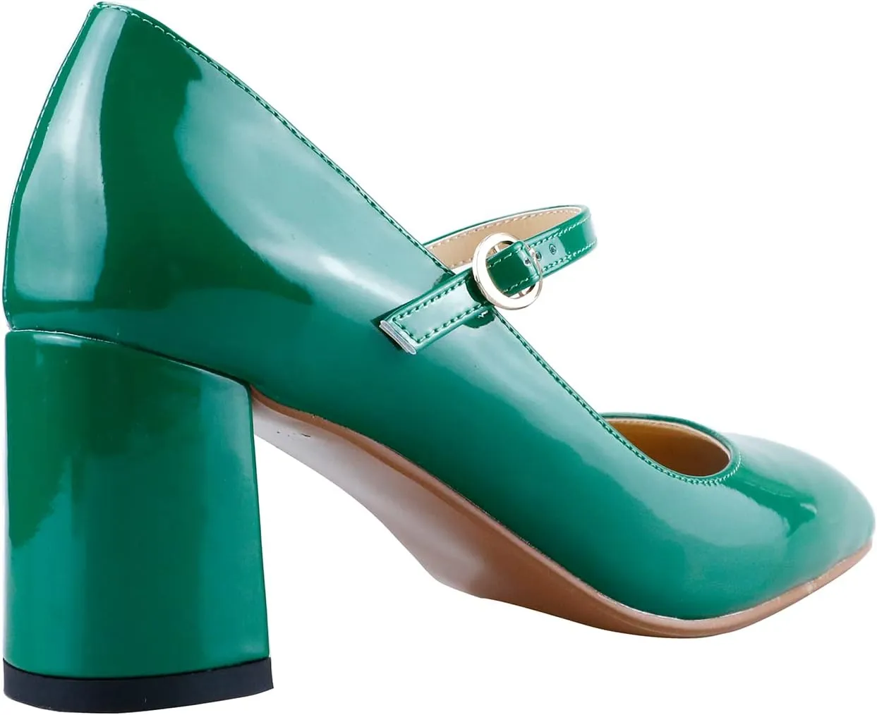 LEMUTISME Women's Elegant Buckle Ankle Strap Leather Square Toe Chunky Comfortable Slip On Middle Block Heel Dress Pumps for Wedding Prom