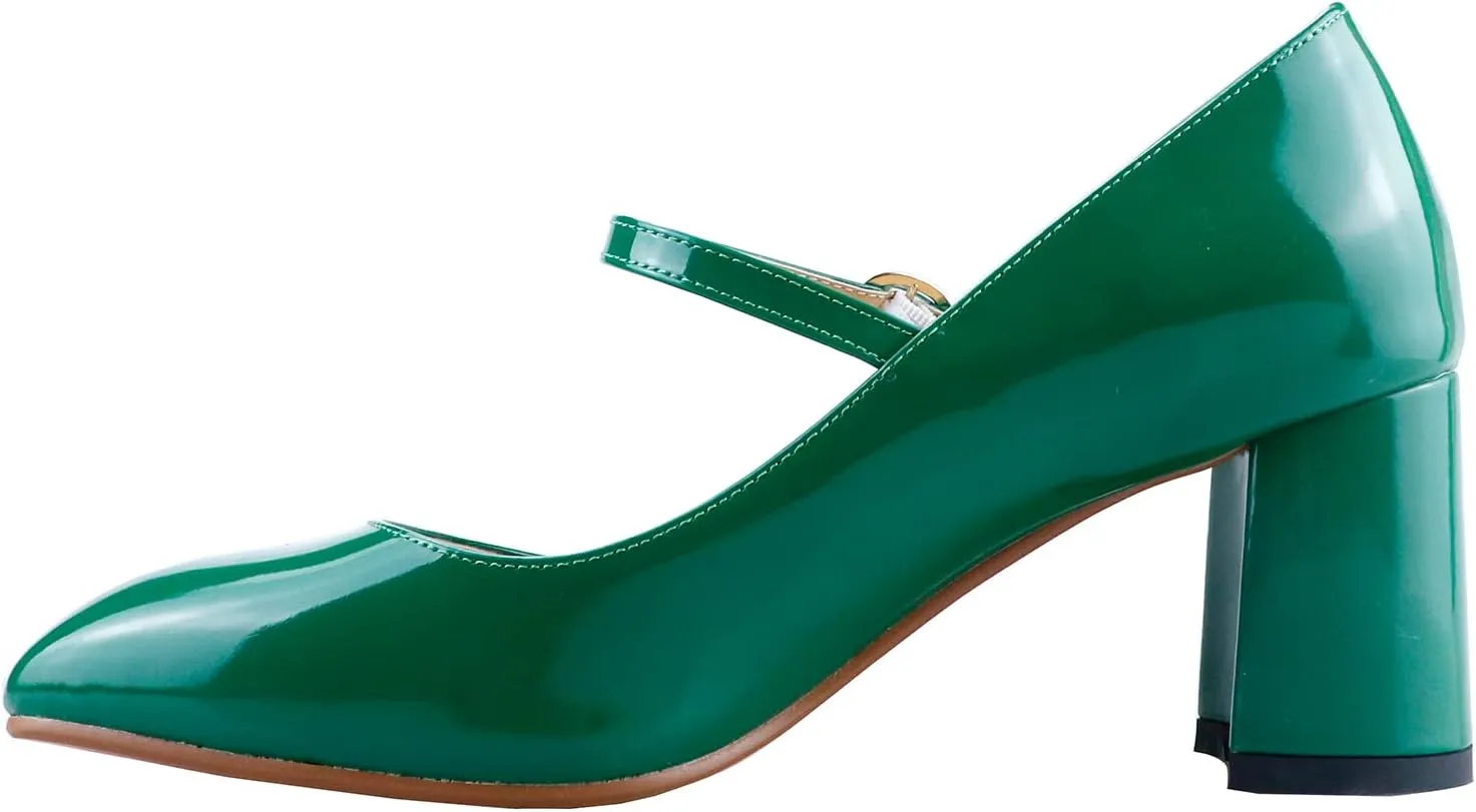 LEMUTISME Women's Elegant Buckle Ankle Strap Leather Square Toe Chunky Comfortable Slip On Middle Block Heel Dress Pumps for Wedding Prom