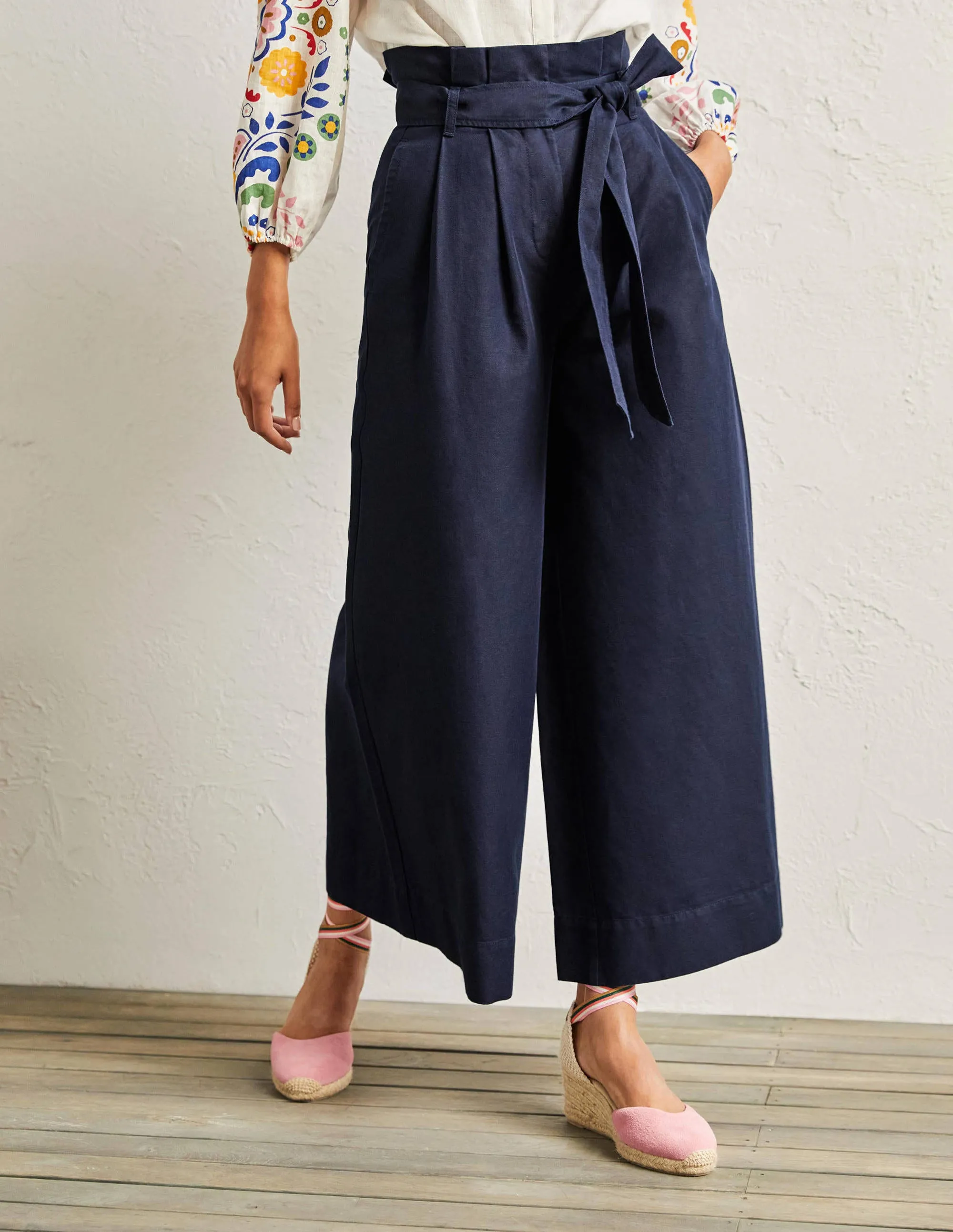 Linen Blend Wide Leg Culottes-Navy