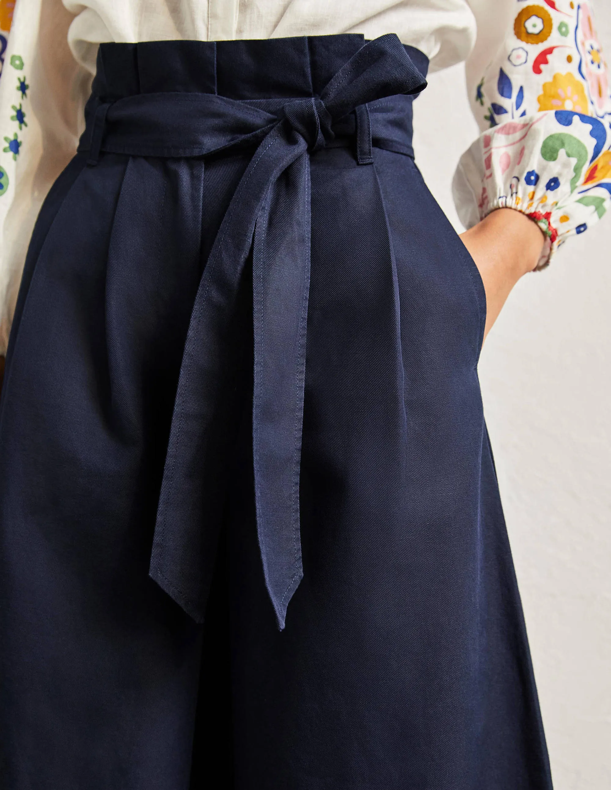 Linen Blend Wide Leg Culottes-Navy