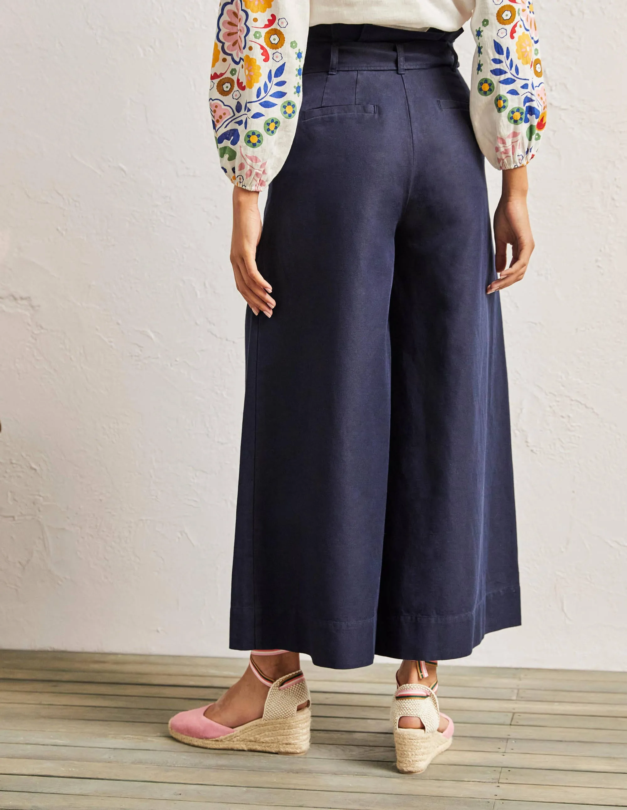 Linen Blend Wide Leg Culottes-Navy