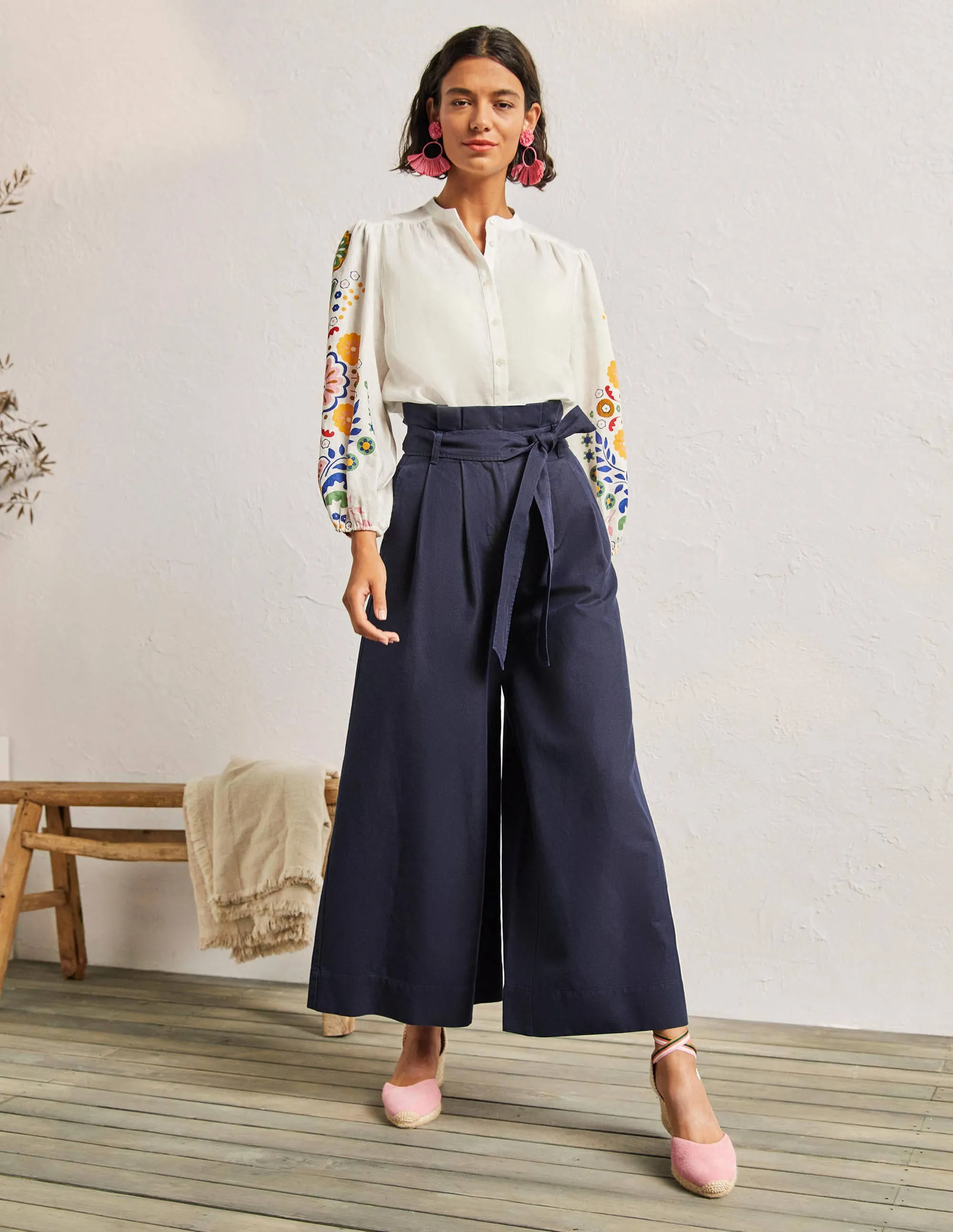 Linen Blend Wide Leg Culottes-Navy