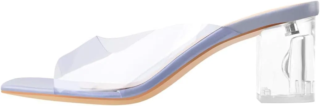 LISHAN Square Open Toe Mules Clear Mid Block Heeled Sandals for Women