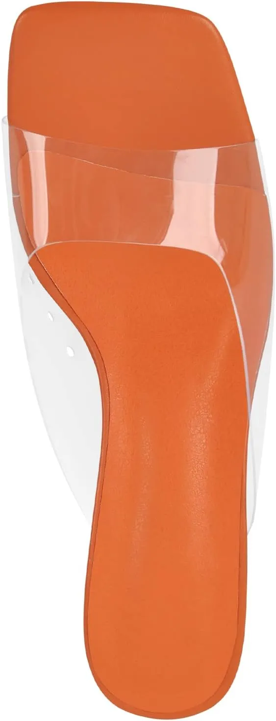 LISHAN Square Open Toe Mules Clear Mid Block Heeled Sandals for Women