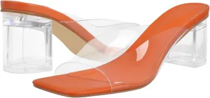 LISHAN Square Open Toe Mules Clear Mid Block Heeled Sandals for Women