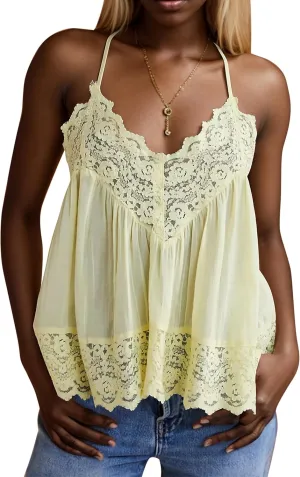 Livtany Women Lace Trim Scalloped Hem Tank Top Sleeveless Backless Peplum Flowy Cami Top Spaghetti Strap V Neck Sexy Camisole