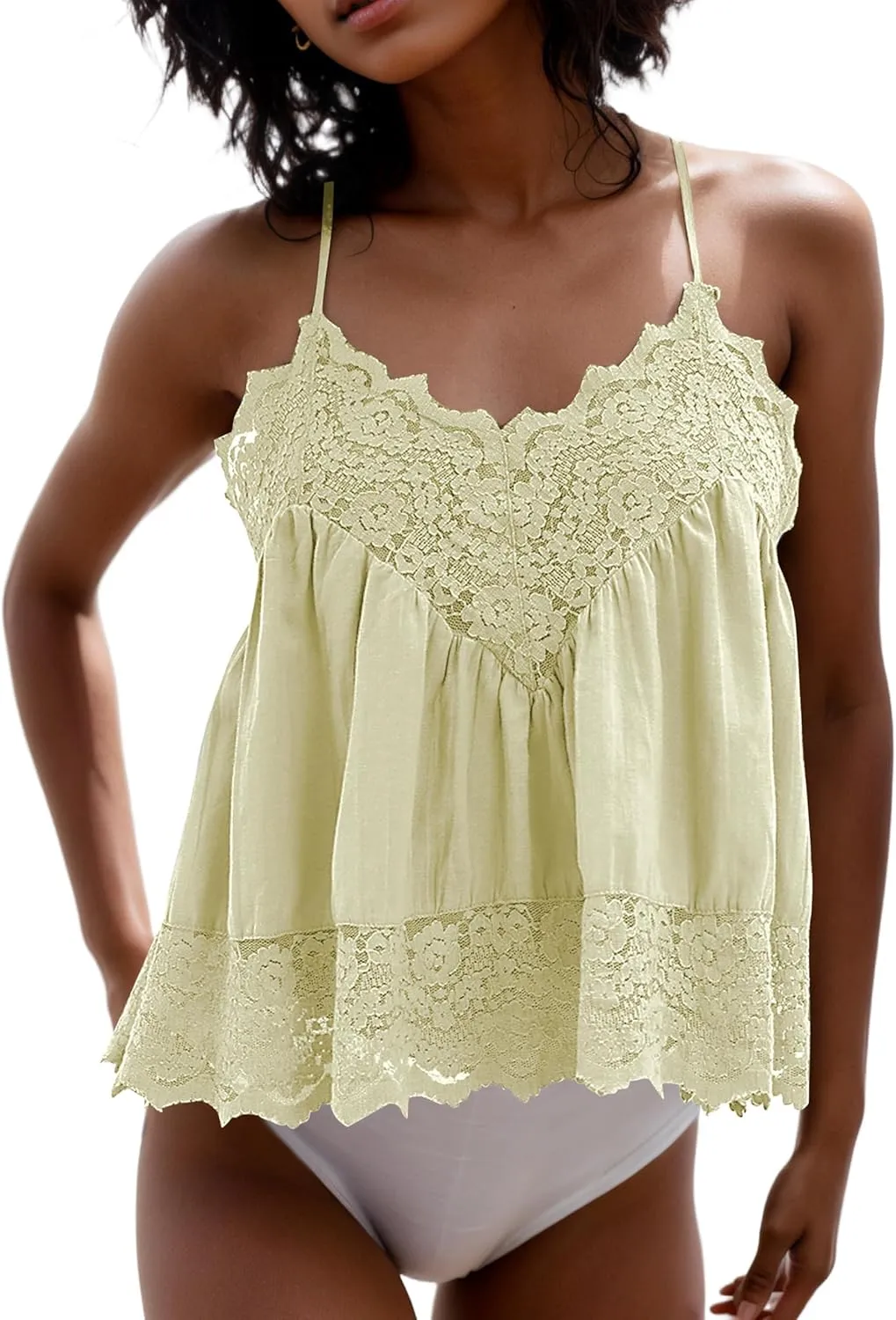 Livtany Women Lace Trim Scalloped Hem Tank Top Sleeveless Backless Peplum Flowy Cami Top Spaghetti Strap V Neck Sexy Camisole