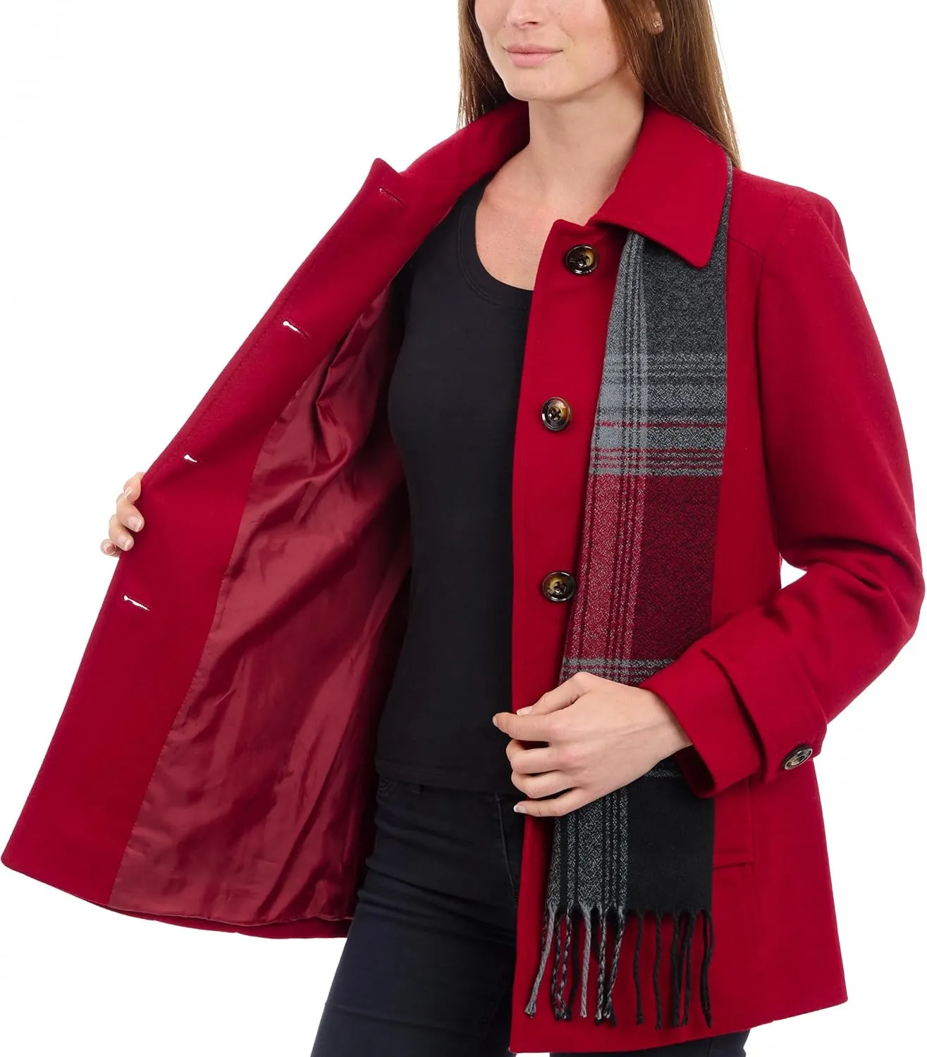 LONDON FOG Women's Single-Breasted Wool Blend Coat with Scarf