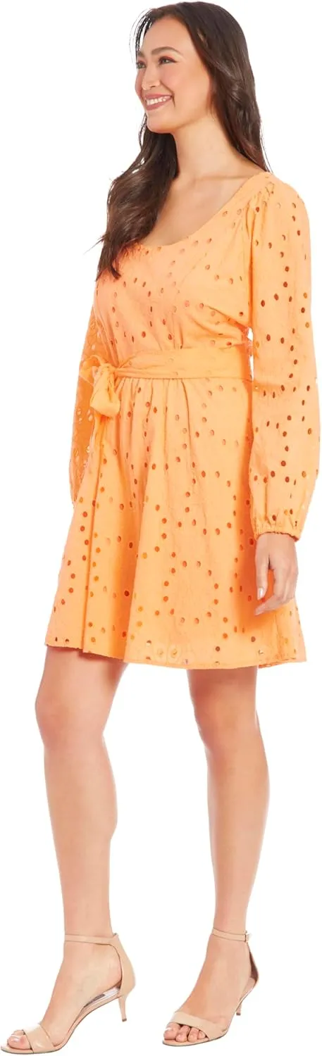London Times Long Sleeve Scoop Neck A-line Sash Tie | Summer Dresses for Women