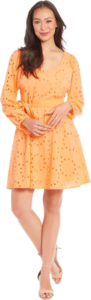 London Times Long Sleeve Scoop Neck A-line Sash Tie | Summer Dresses for Women