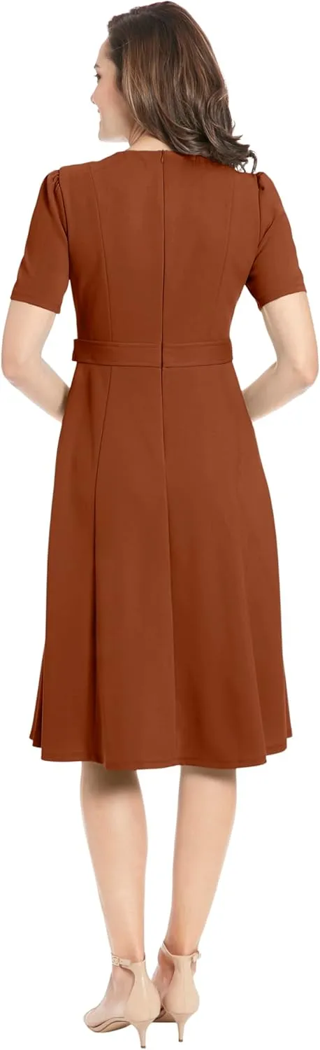 London Times Women's Knit Eyelet Short Sleeve Crepe Inset Waist Midi with Button Detail