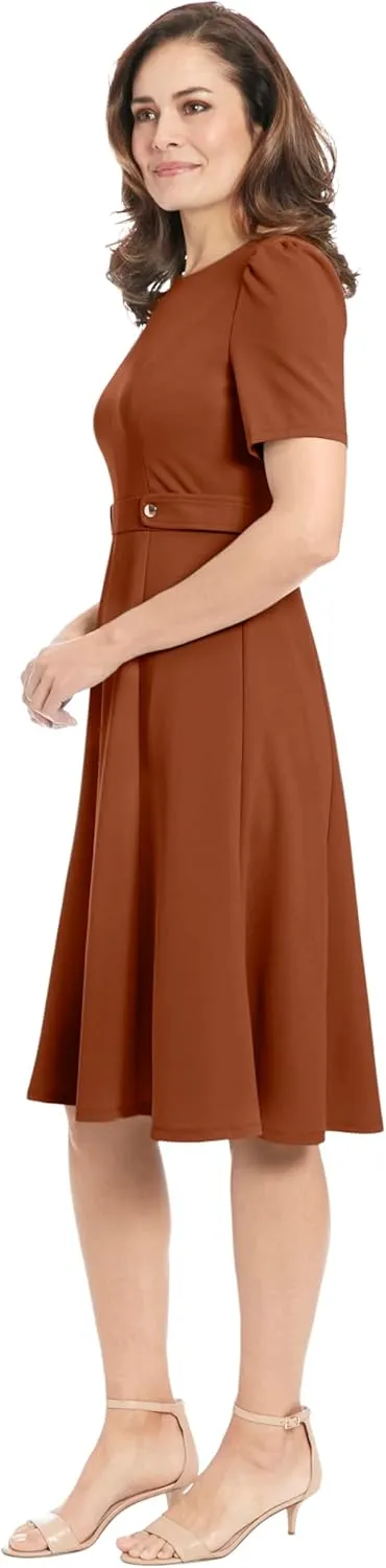 London Times Women's Knit Eyelet Short Sleeve Crepe Inset Waist Midi with Button Detail