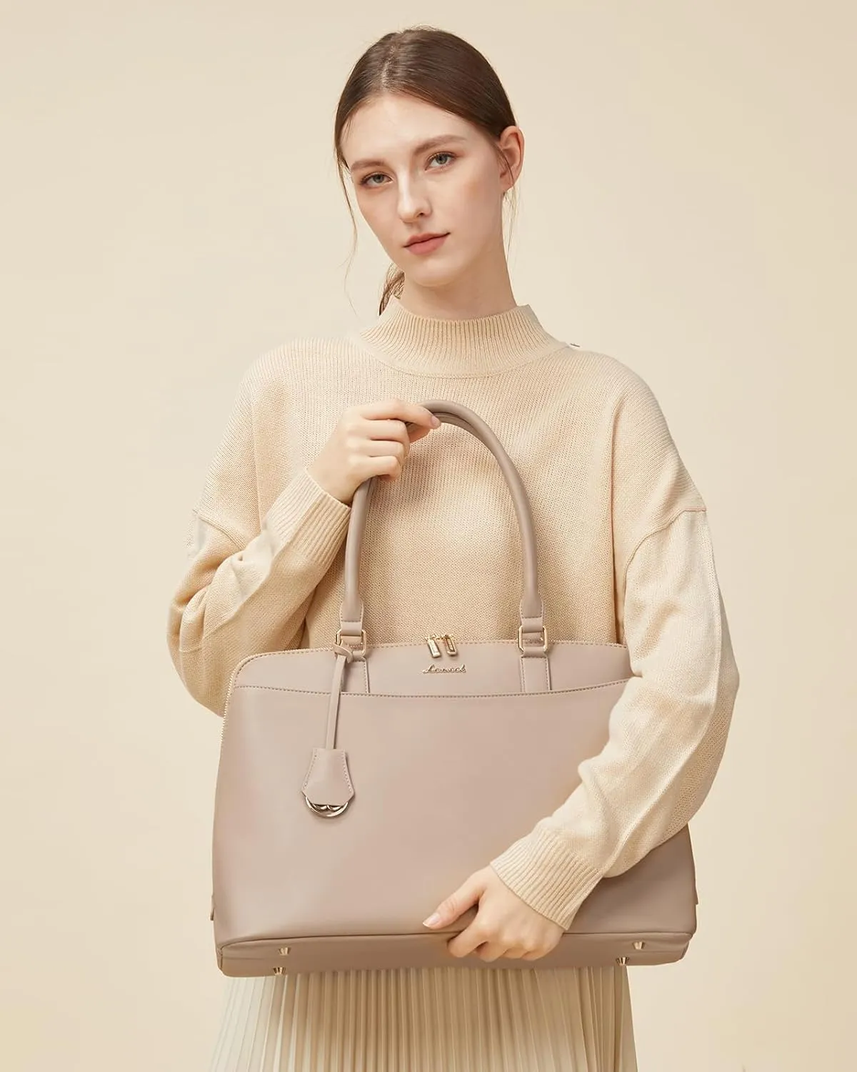 LOVEVOOK Laptop Bag for Women, 15.6 Inch Work Tote Bag, Large Purse Professional Computer Bag, Stylish Business Office Briefcase,Khaki