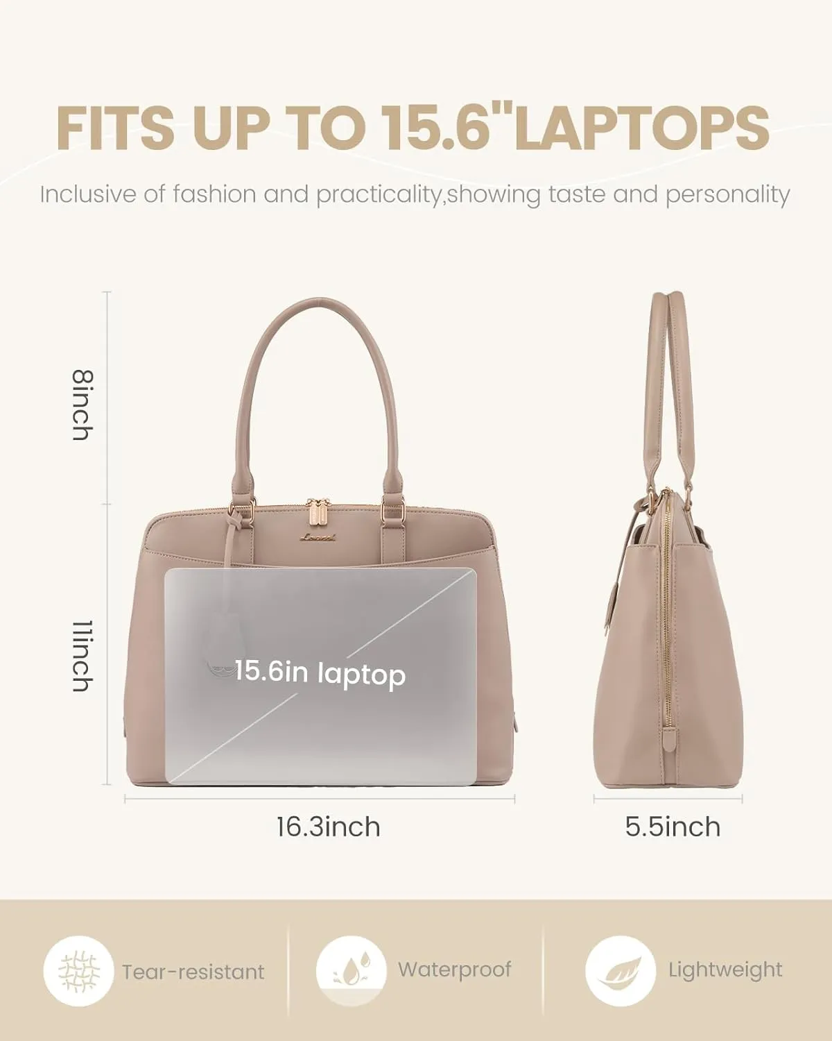 LOVEVOOK Laptop Bag for Women, 15.6 Inch Work Tote Bag, Large Purse Professional Computer Bag, Stylish Business Office Briefcase,Khaki