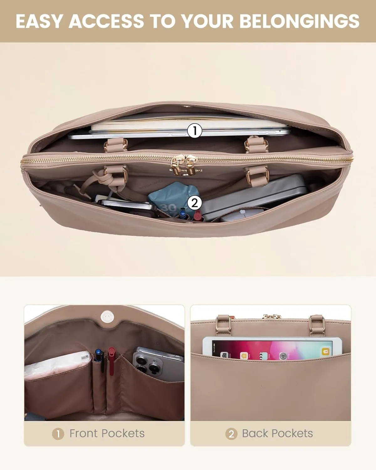 LOVEVOOK Laptop Bag for Women, 15.6 Inch Work Tote Bag, Large Purse Professional Computer Bag, Stylish Business Office Briefcase,Khaki