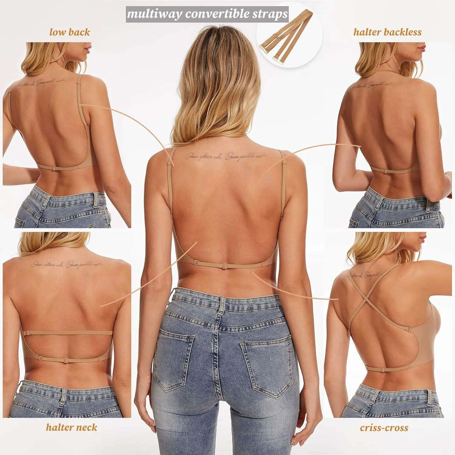 Low Back Bra for Women Wirefree Seamless Bra Backless Multiway Straps Convertible Halter Bra with Padded Removeable