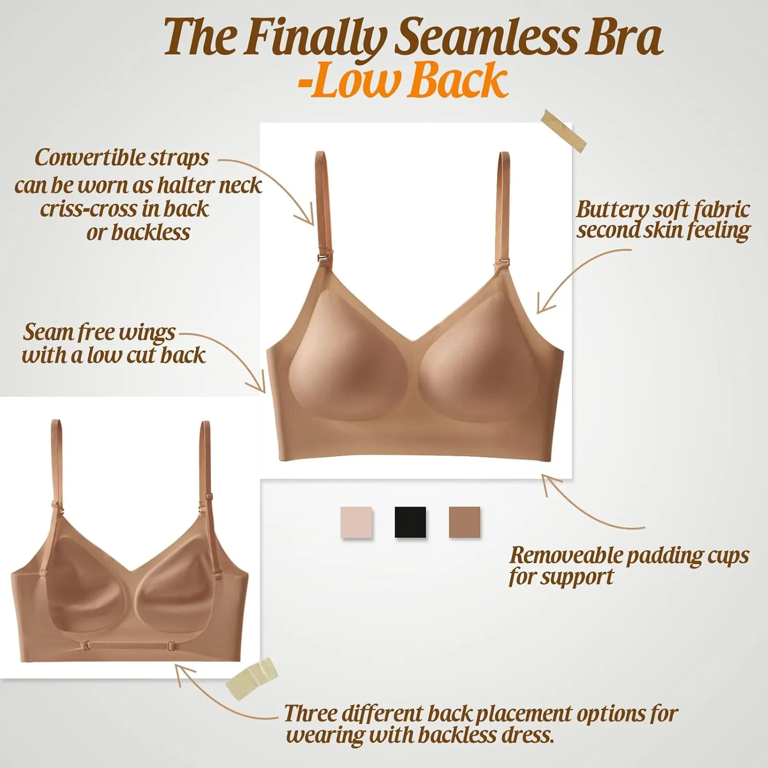 Low Back Bra for Women Wirefree Seamless Bra Backless Multiway Straps Convertible Halter Bra with Padded Removeable