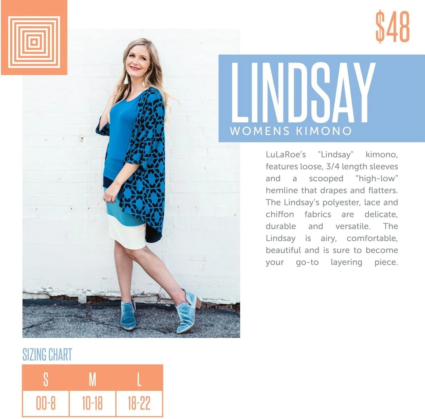 Lularoe Lindsay 3/4 Sleeve Kimono Style Wrap - Small Medium & Large