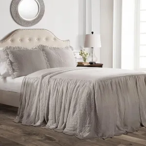 Lush Decor Ruffle Skirt Bedspread 3 Piece Set, Queen, Gray - Gray Queen Bedding - Ruffled Bedspread - Vintage Farmhouse Decor