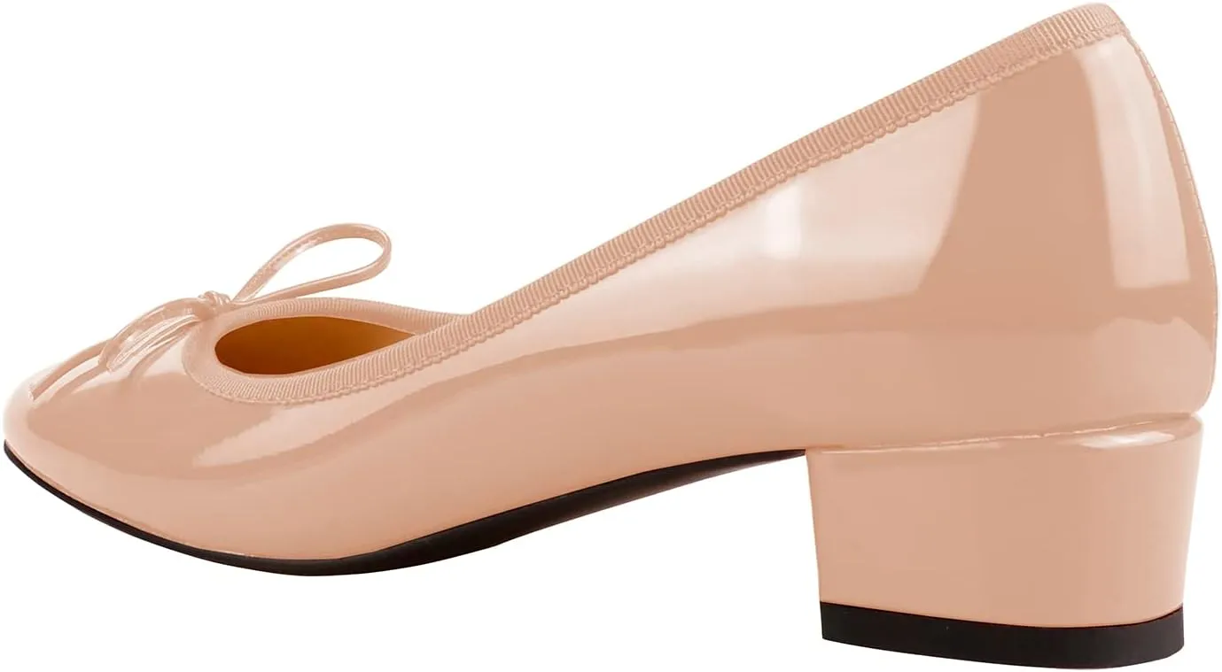 Lutalica W Women's Classic Closed Round Toe Patent Leather Comfortable Daily Slip On Bow Tie Chunky Heel Pumps Shoes