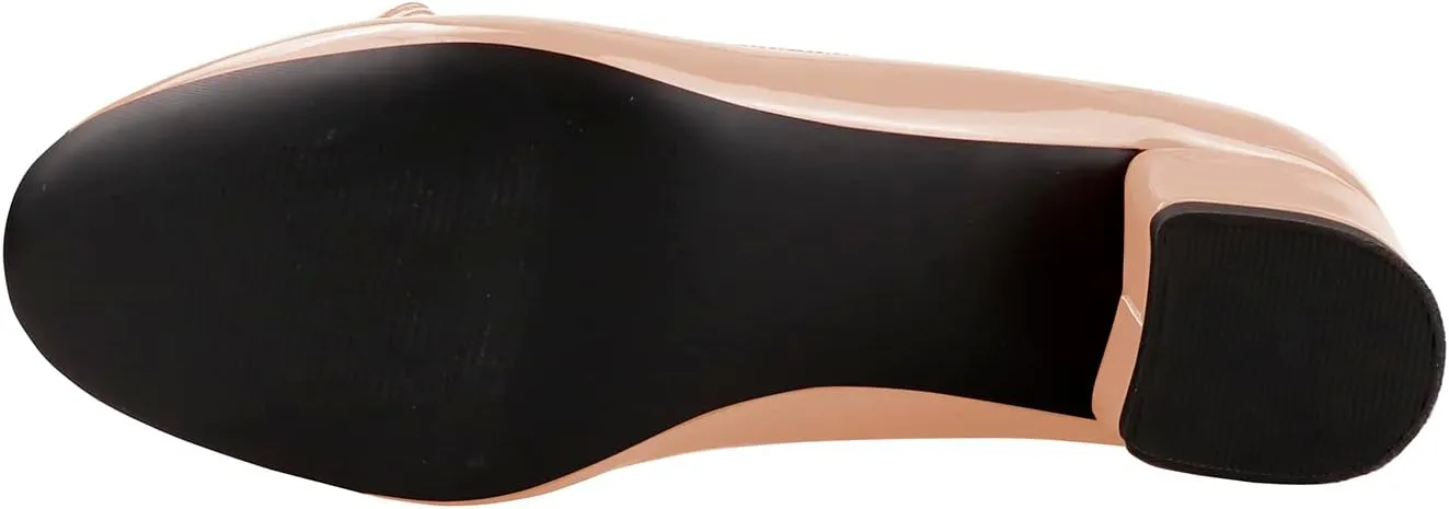 Lutalica W Women's Classic Closed Round Toe Patent Leather Comfortable Daily Slip On Bow Tie Chunky Heel Pumps Shoes