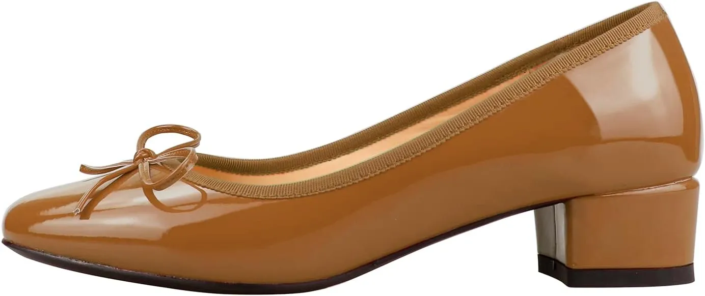 Lutalica W Women's Classic Closed Round Toe Patent Leather Comfortable Daily Slip On Bow Tie Chunky Heel Pumps Shoes