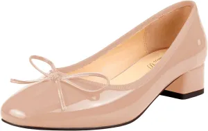Lutalica W Women's Classic Closed Round Toe Patent Leather Comfortable Daily Slip On Bow Tie Chunky Heel Pumps Shoes