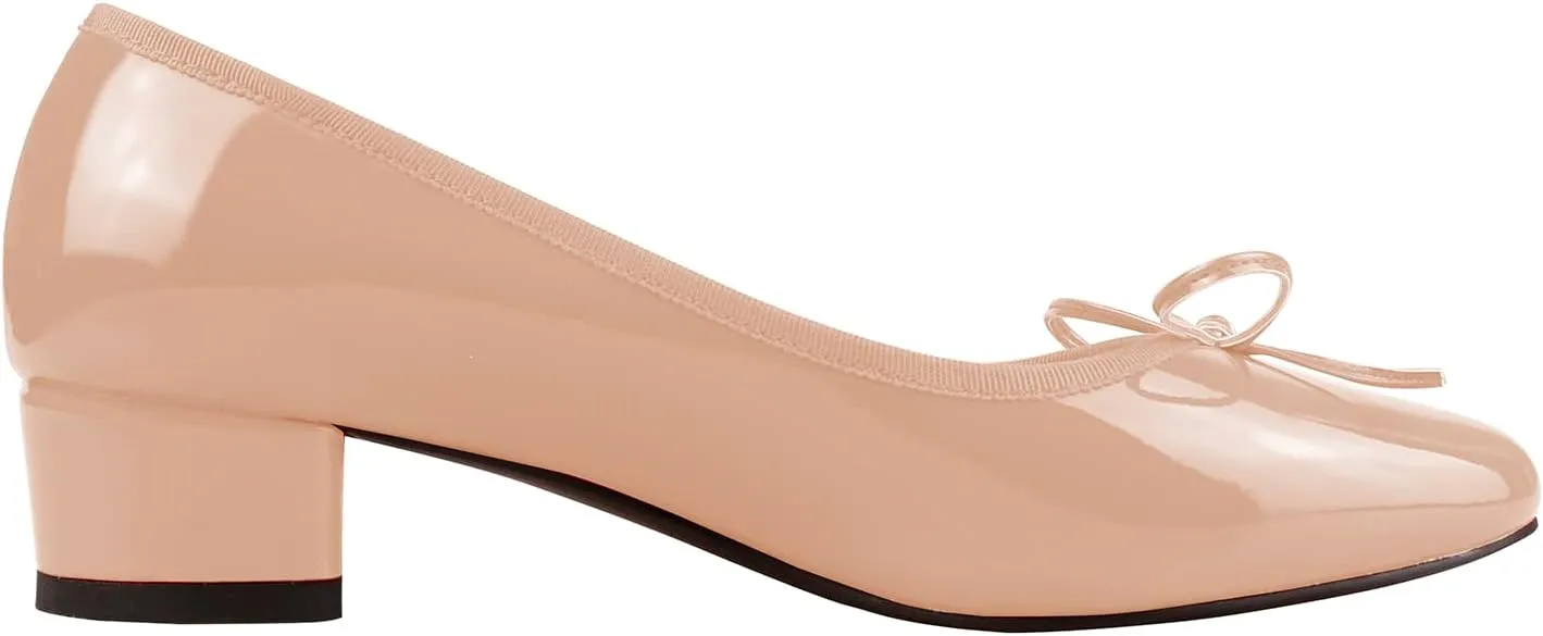 Lutalica W Women's Classic Closed Round Toe Patent Leather Comfortable Daily Slip On Bow Tie Chunky Heel Pumps Shoes