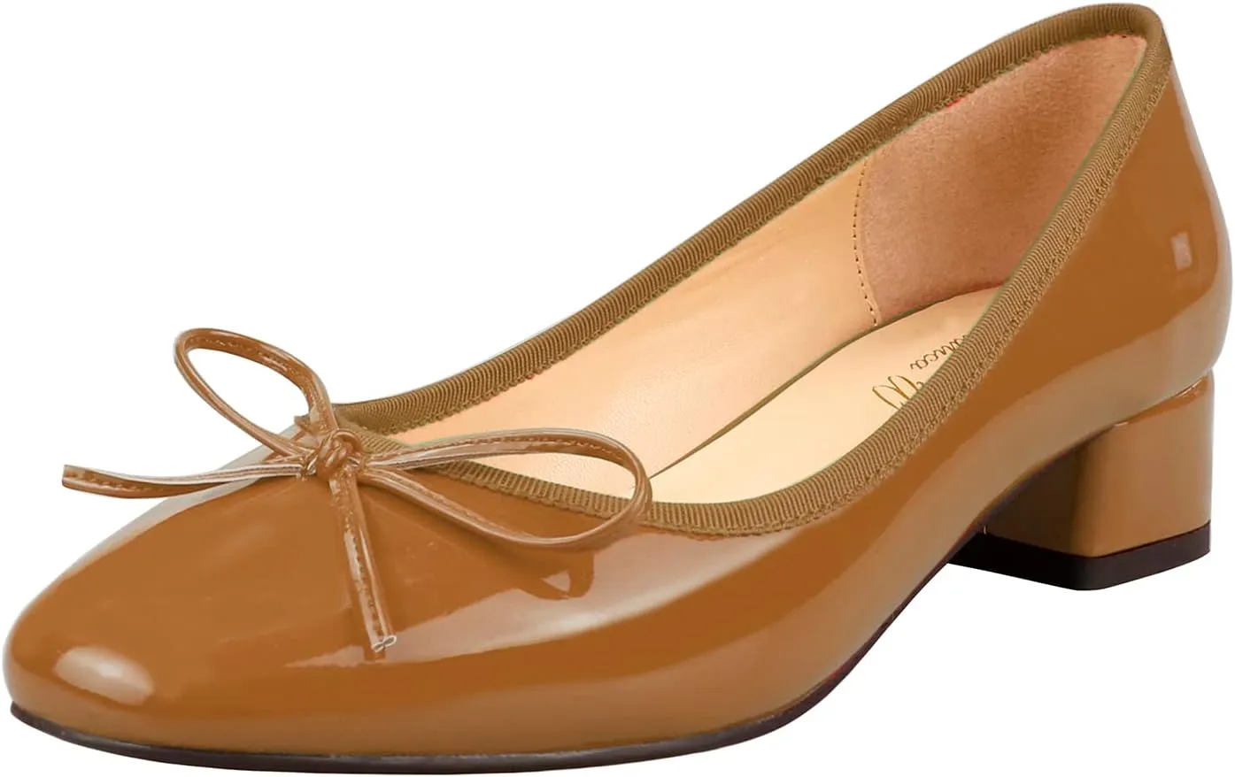 Lutalica W Women's Classic Closed Round Toe Patent Leather Comfortable Daily Slip On Bow Tie Chunky Heel Pumps Shoes