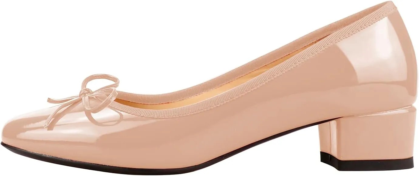 Lutalica W Women's Classic Closed Round Toe Patent Leather Comfortable Daily Slip On Bow Tie Chunky Heel Pumps Shoes