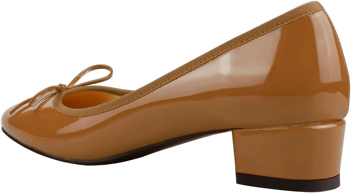 Lutalica W Women's Classic Closed Round Toe Patent Leather Comfortable Daily Slip On Bow Tie Chunky Heel Pumps Shoes